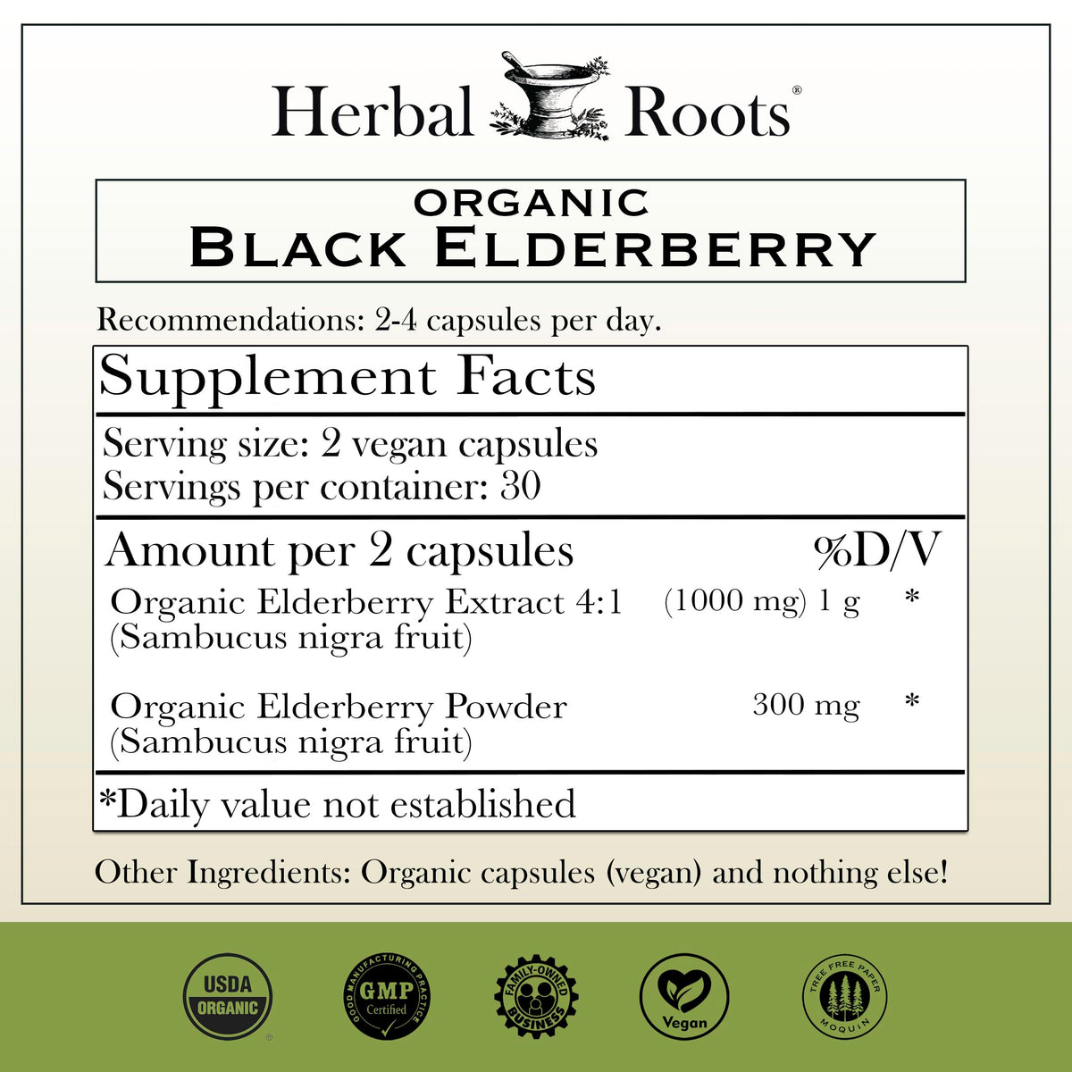 Herbal Roots organic Sambucus nigra immune support capsules supplement facts label.