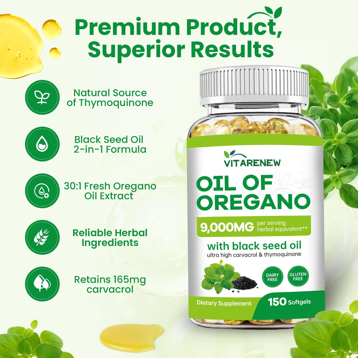 Vitarenew plant based oil of oregano capsules alongside premium black seed oil ingredient details