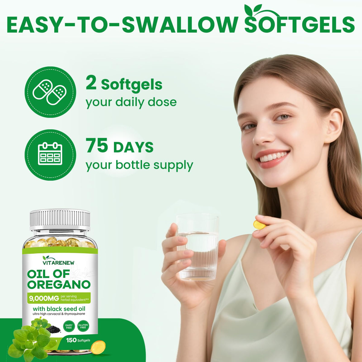 Vitarenew oregano and black seed oil capsules displayed clearly to show convenient softgel size