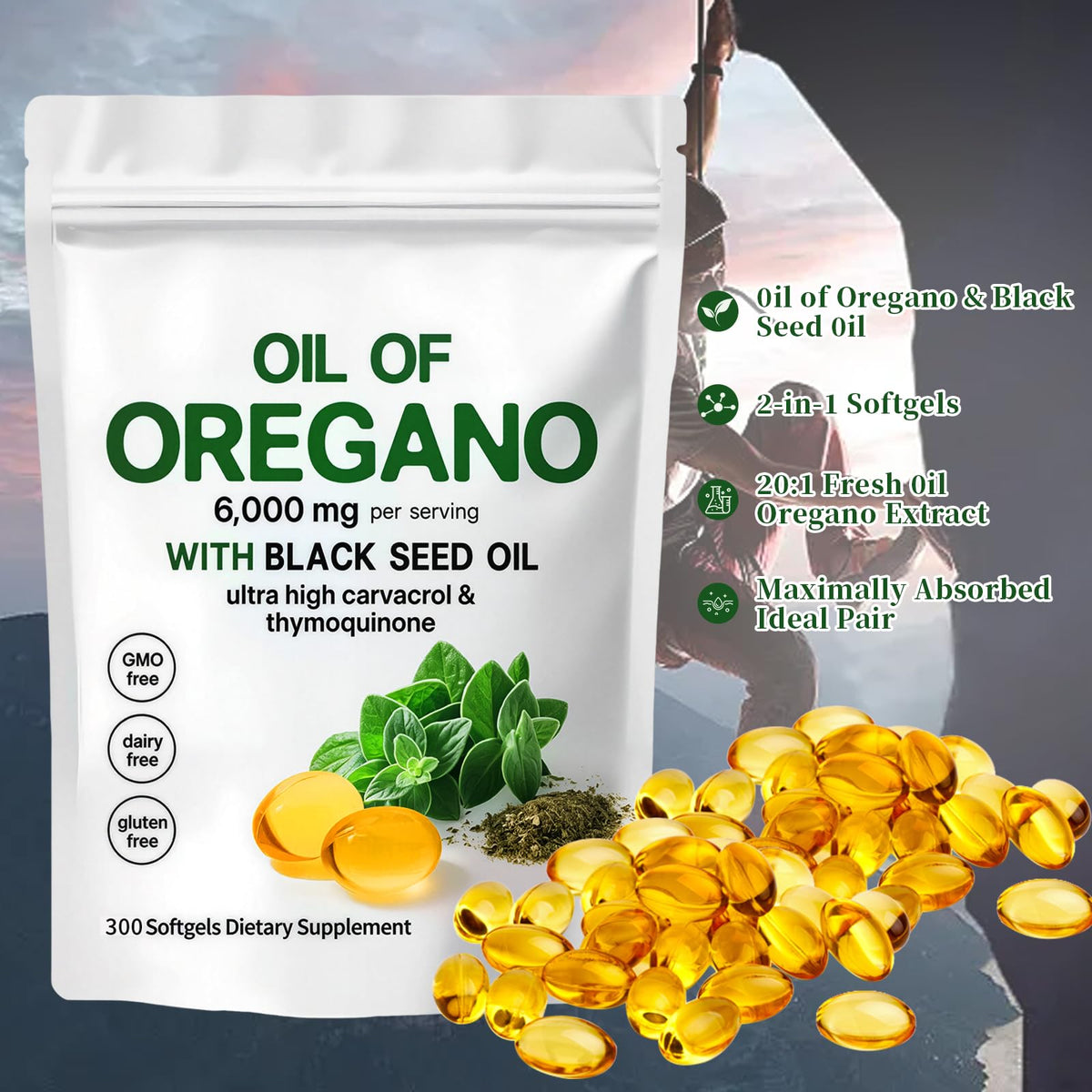 Non-GMO and gluten-free wild oregano oil 300 softgels bottle from YATIME wellness brand.