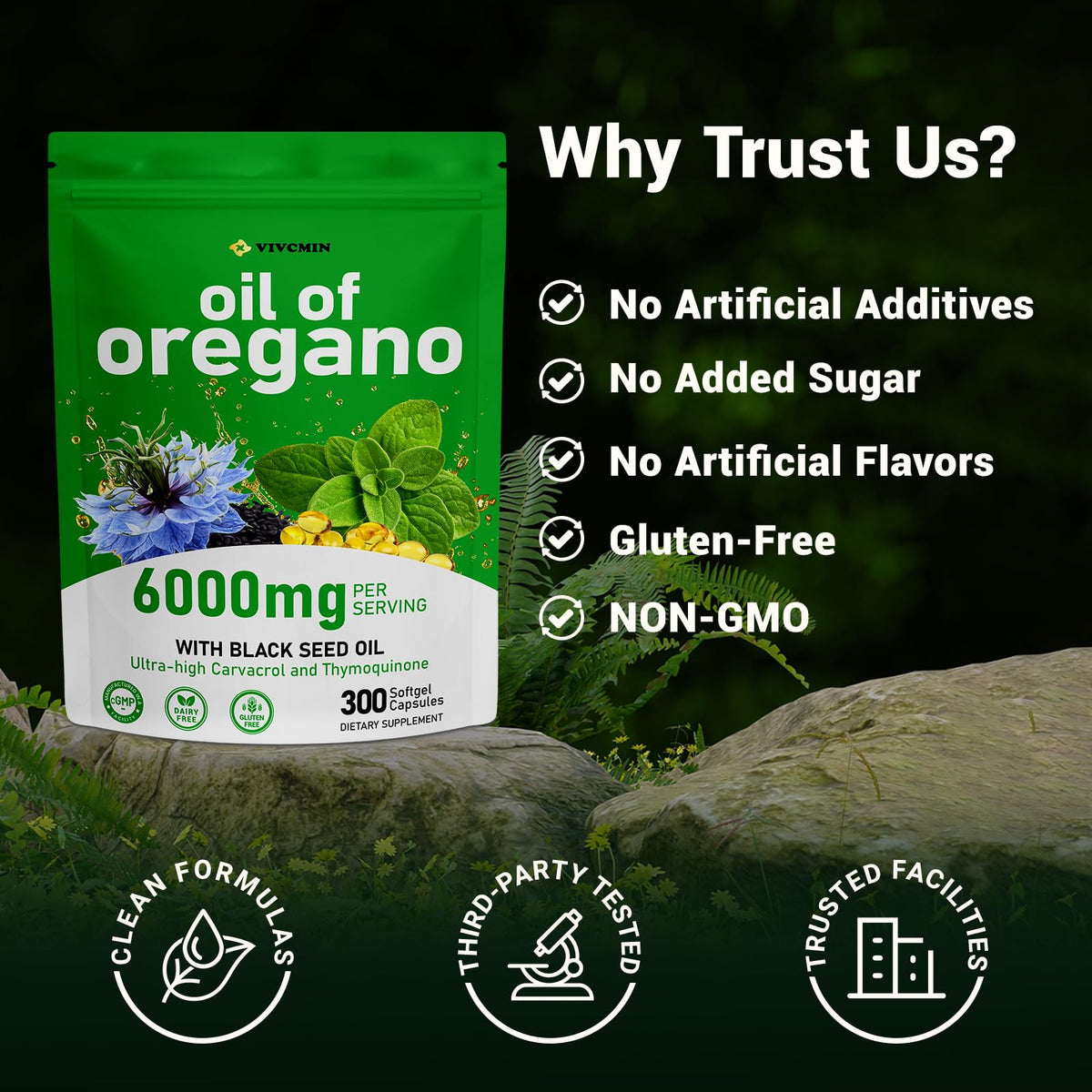 Dual action herbal supplement softgels containing premium black seed oil extract.