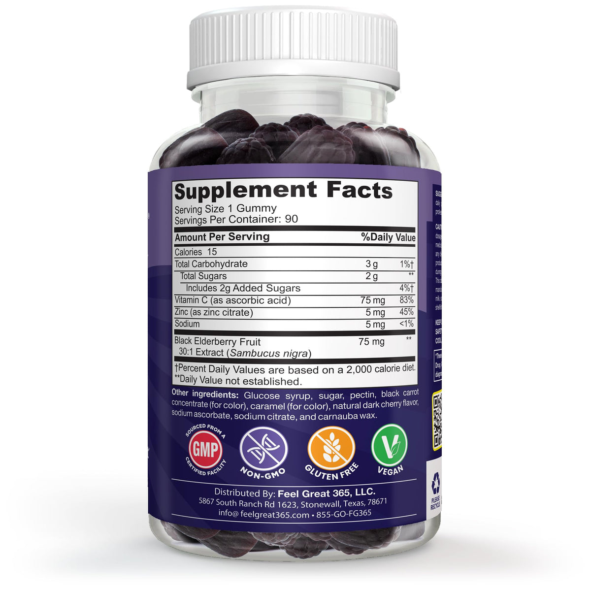 The Feel Great Vitamin Company Kids Elderberry Gummies side panel showing three in one antioxidant immune blend