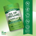 Back label of Nature's Truth oil of oregano capsules showing 40 milligrams carvacrol facts