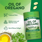 Quick-release liquid softgels of Nature's Truth oil of oregano displayed next to the bottle