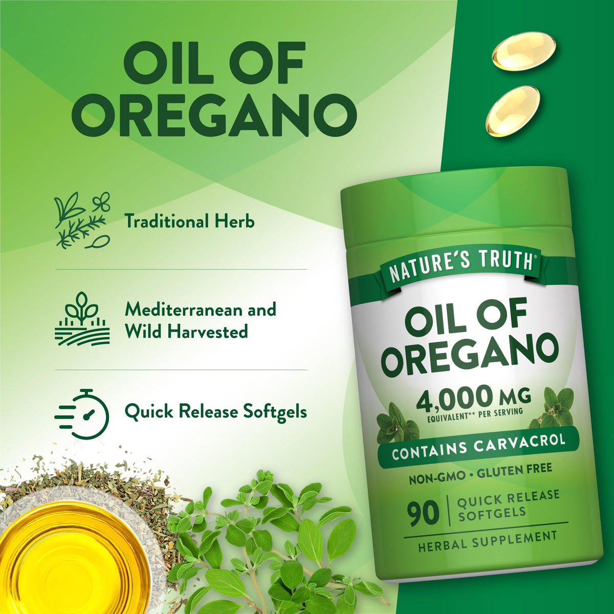 Quick-release liquid softgels of Nature's Truth oil of oregano displayed next to the bottle