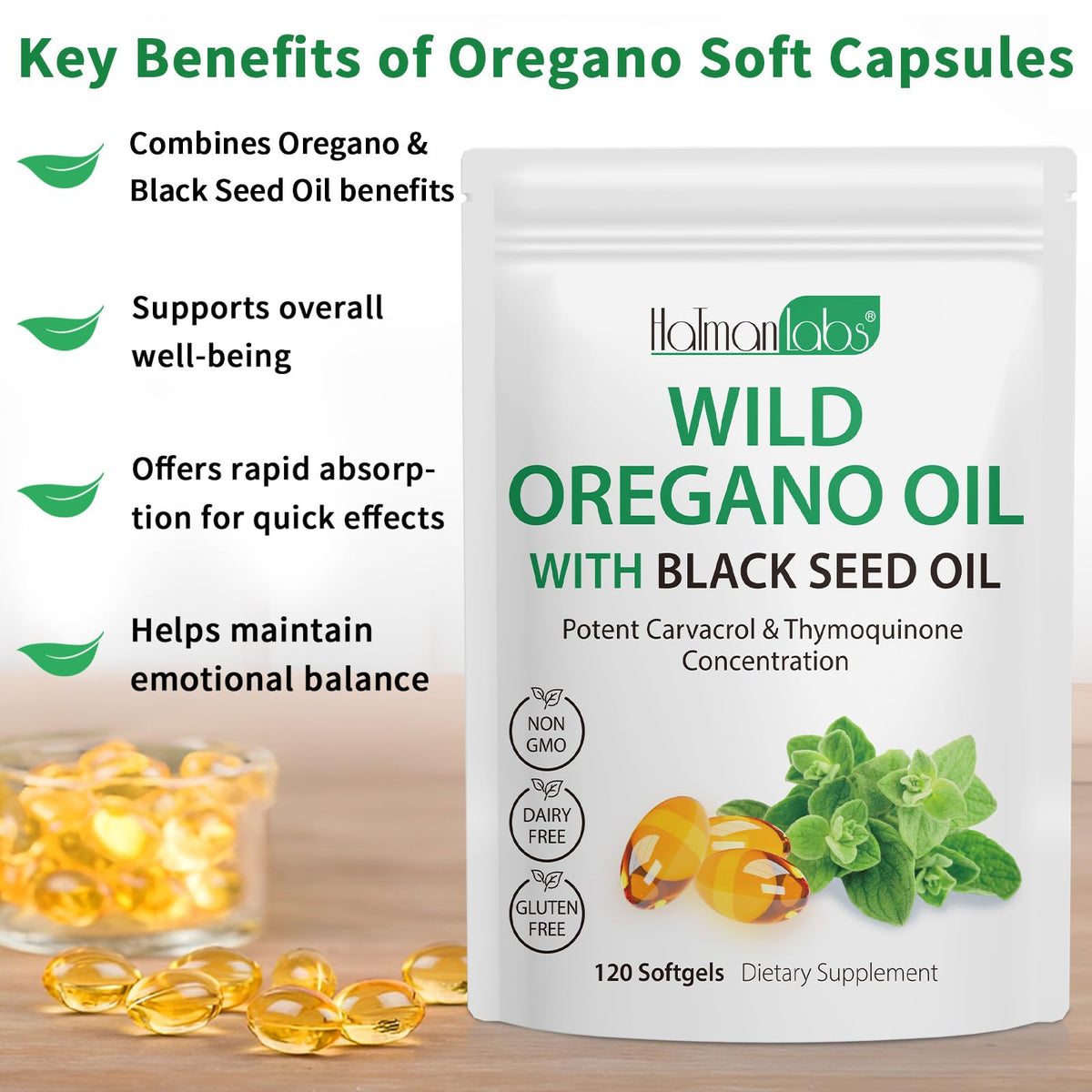 Newseel high potency 6000mg oregano oil dietary supplement capsules close up packaging