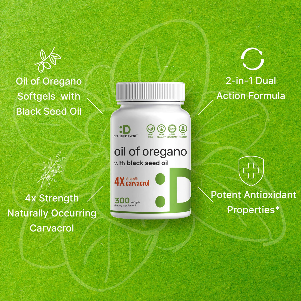 Deal Supplement Oil of Oregano 300 liquid softgels clean non-GMO packaging detailed view