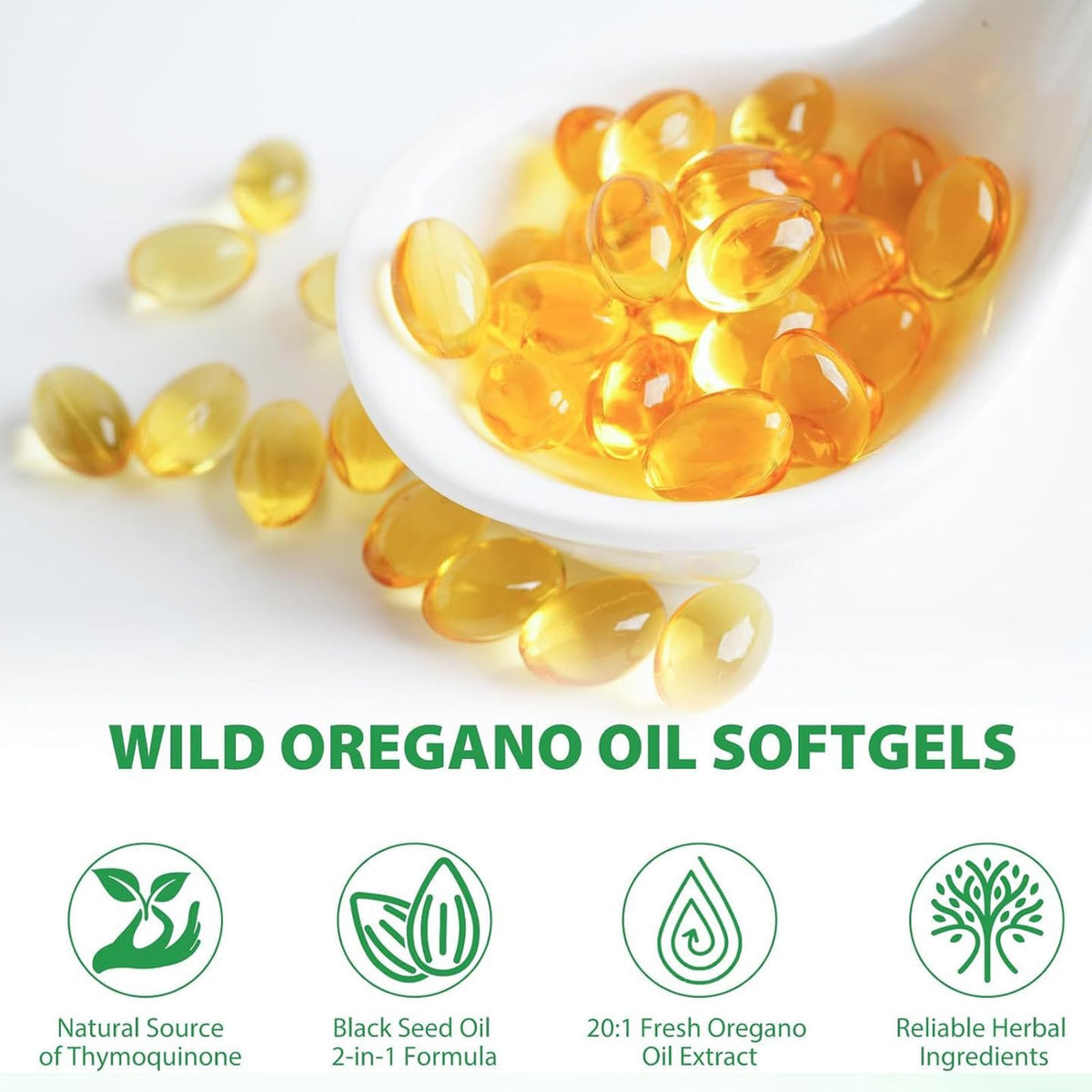Back label of EILTEAU oregano and black seed oil softgels highlighting third-party lab tested certification.