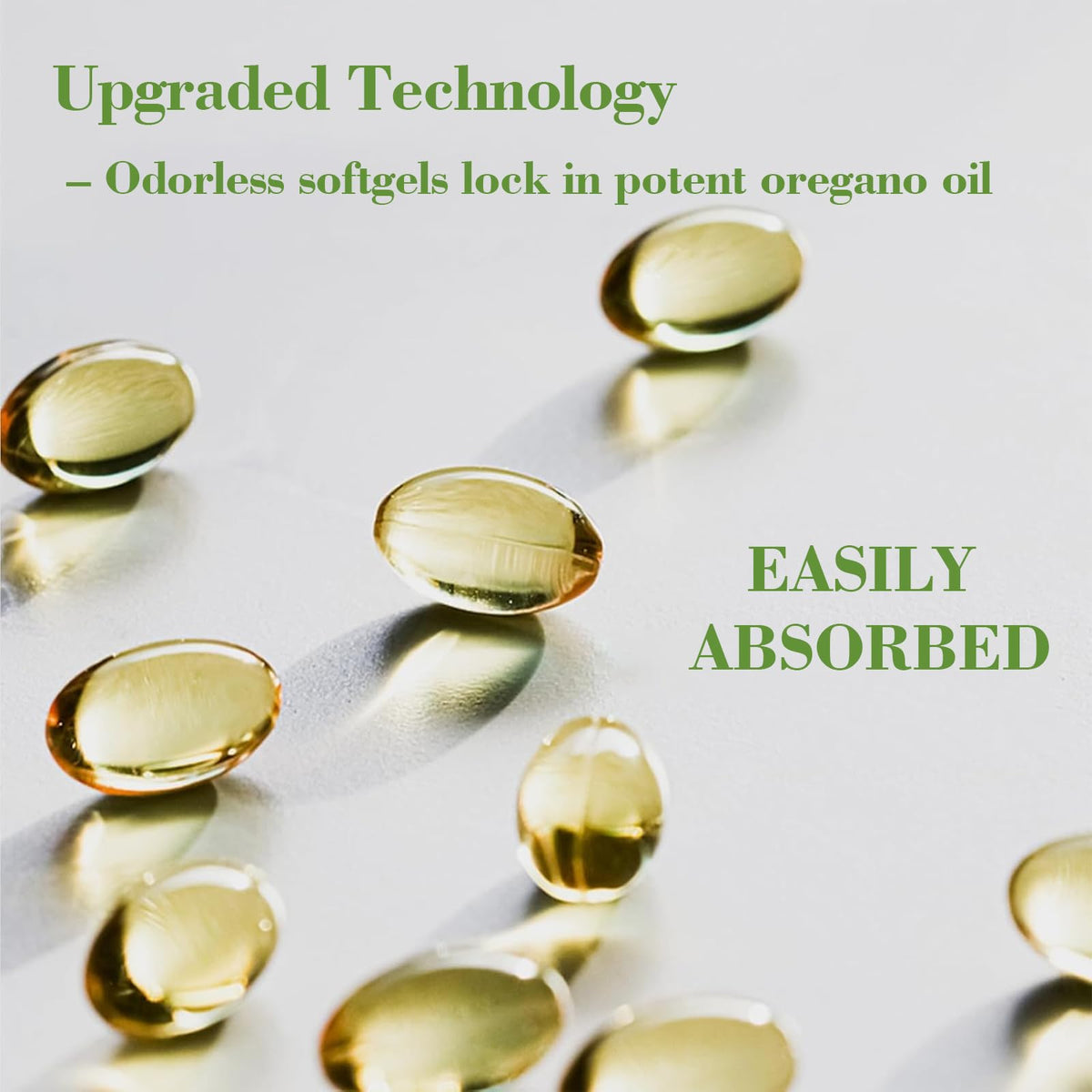 Odorless vegetarian softgels of EILTEAU wild-harvested oregano oil displayed outside the white packaging pouch.