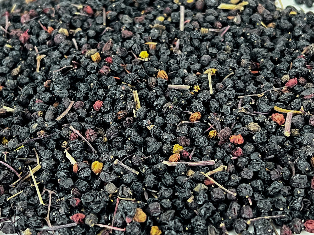 Premium USDA certified organic Sambucus nigra dried berries close up view