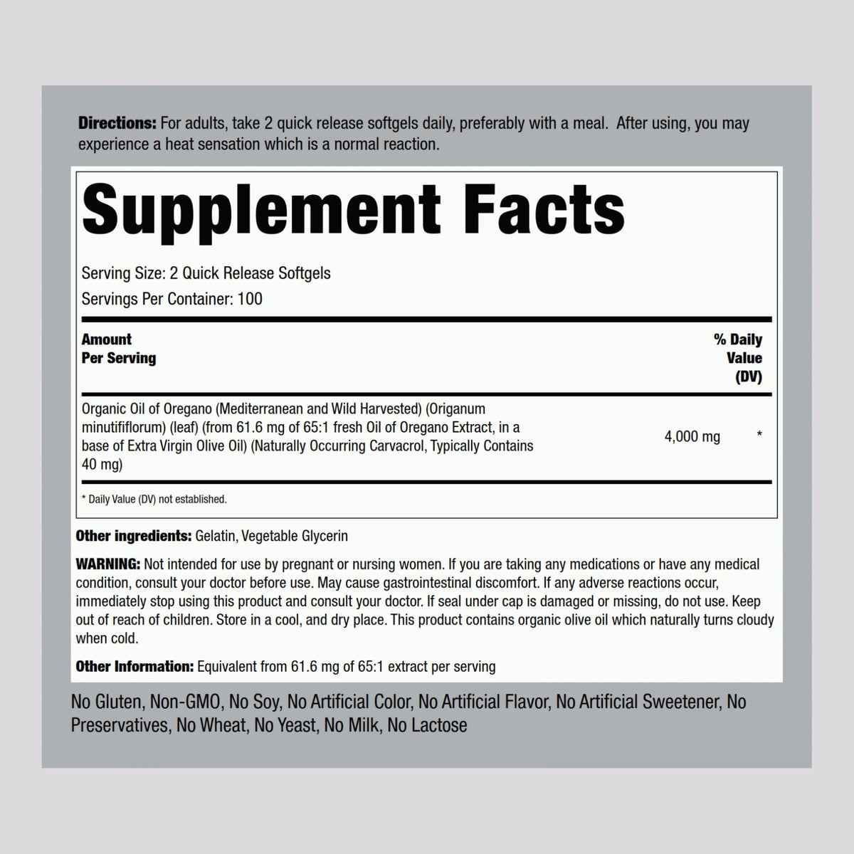 Piping Rock Mediterranean oregano oil capsules supplement facts and ingredient label