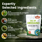 Back label of VEV Oil of Oregano showing supplement facts, dosage instructions, and ingredients list.