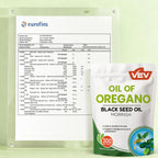 Natural wellness supplement by VEV featuring organic black seed oil and nutrient dense moringa.