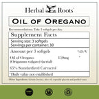 Herbal Roots Mediterranean oregano oil capsules supplement facts and ingredient label