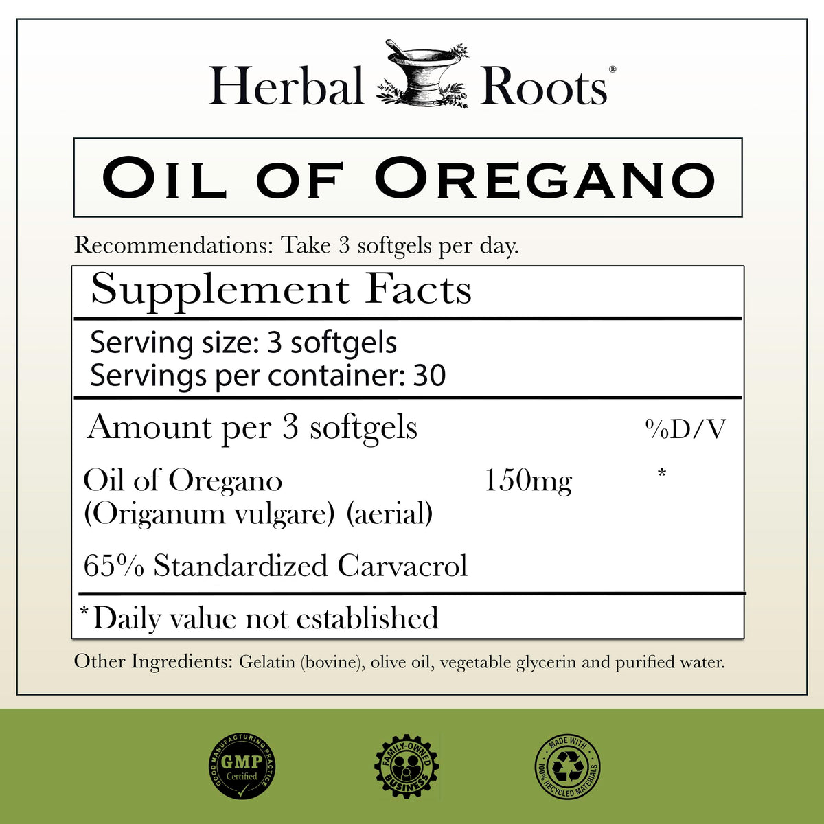 Herbal Roots Mediterranean oregano oil capsules supplement facts and ingredient label