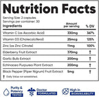 Immuneti Nutrition Inc 6 in 1 dietary supplement showing the nutritional facts label with zinc and elderberry.