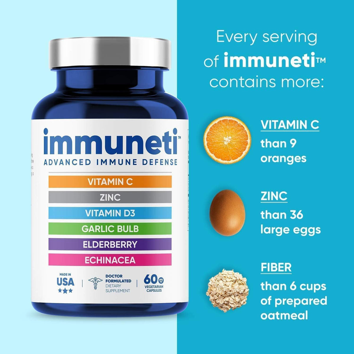 Doctor formulated Immuneti Advanced Immune Defense bottle highlighting authentic USA manufactured seal.