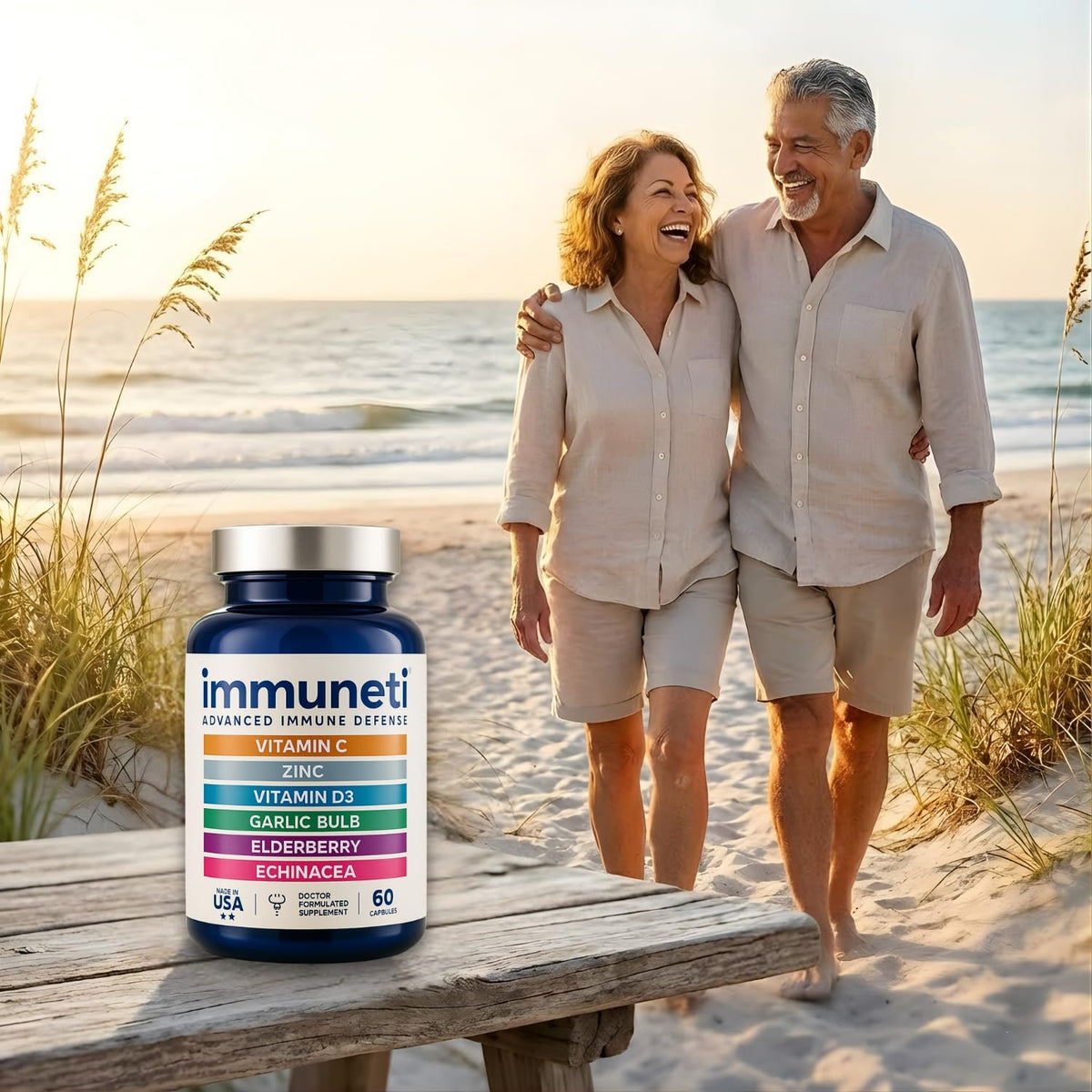 Close up of Immuneti daily immunity supplement bottle detailing vitamin c and vitamin d3 ingredients.