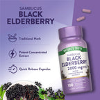 Authentic Sambucus nigra berry extract herbal supplement bottle close up view