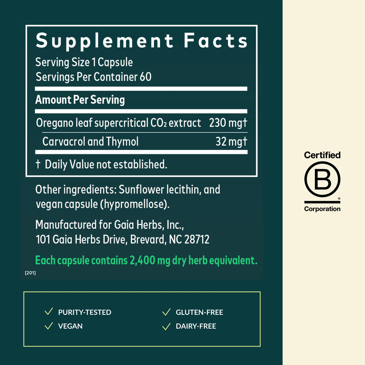 Liquid phyto capsules of Gaia Herbs Oregano leaf extract showing purity