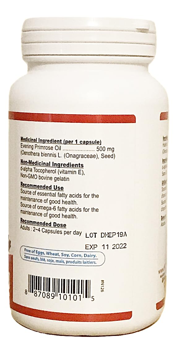 Side view of Nutridom Evening Primrose Oil packaging highlighting the ten percent Gamma Linolenic Acid content.