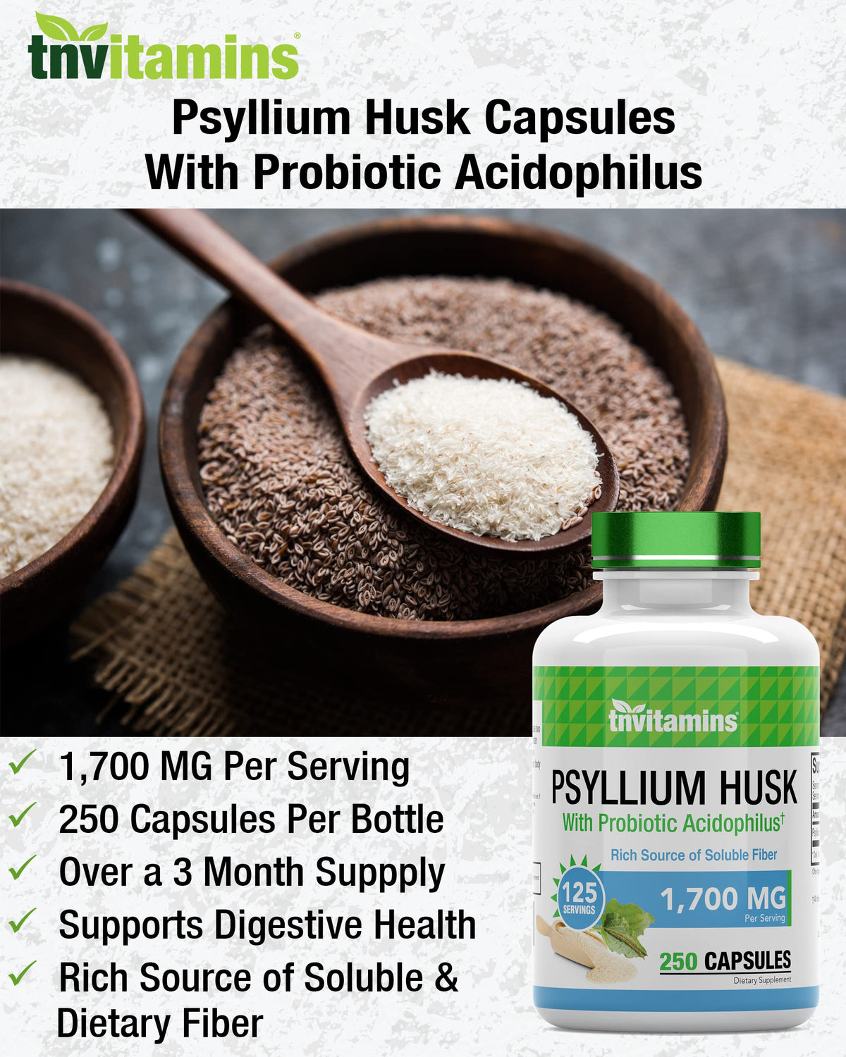 Tnvitamins Psyllium Husk Capsules daily fiber support