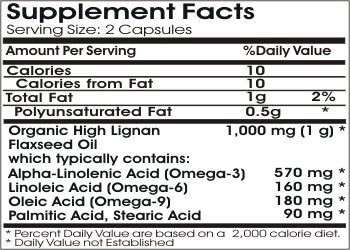 Side view of Naturetition Organic Flaxseed Oil 200 capsules bottle displaying ingredient label and nutritional facts.