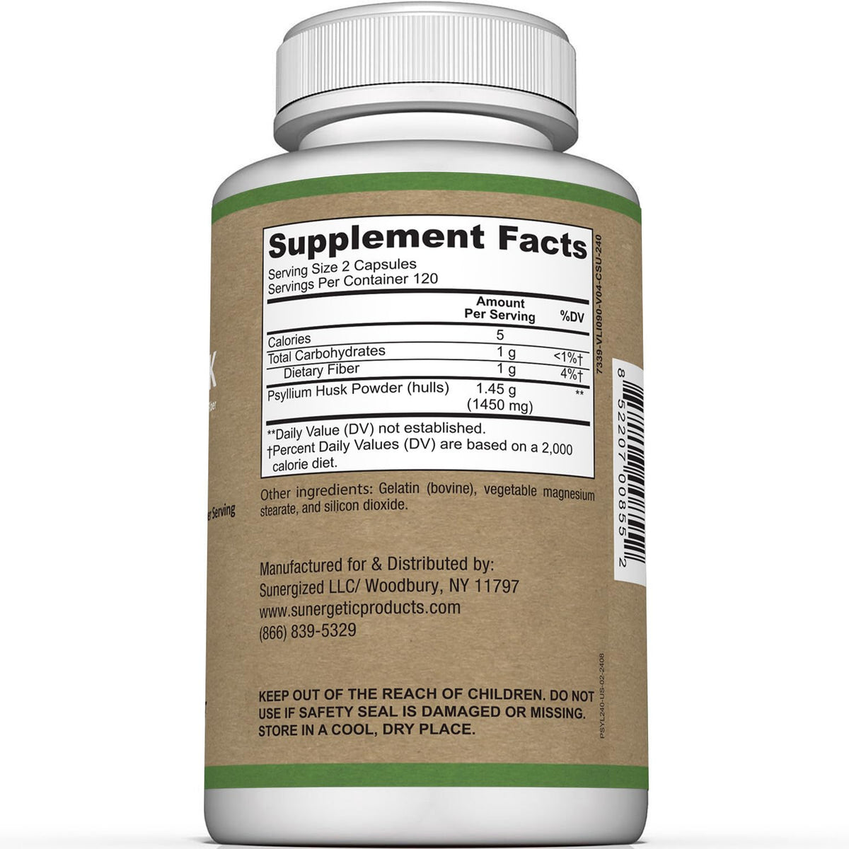 Sunergetic Psyllium Husk Supplement bottle label showing 1450mg dosage
