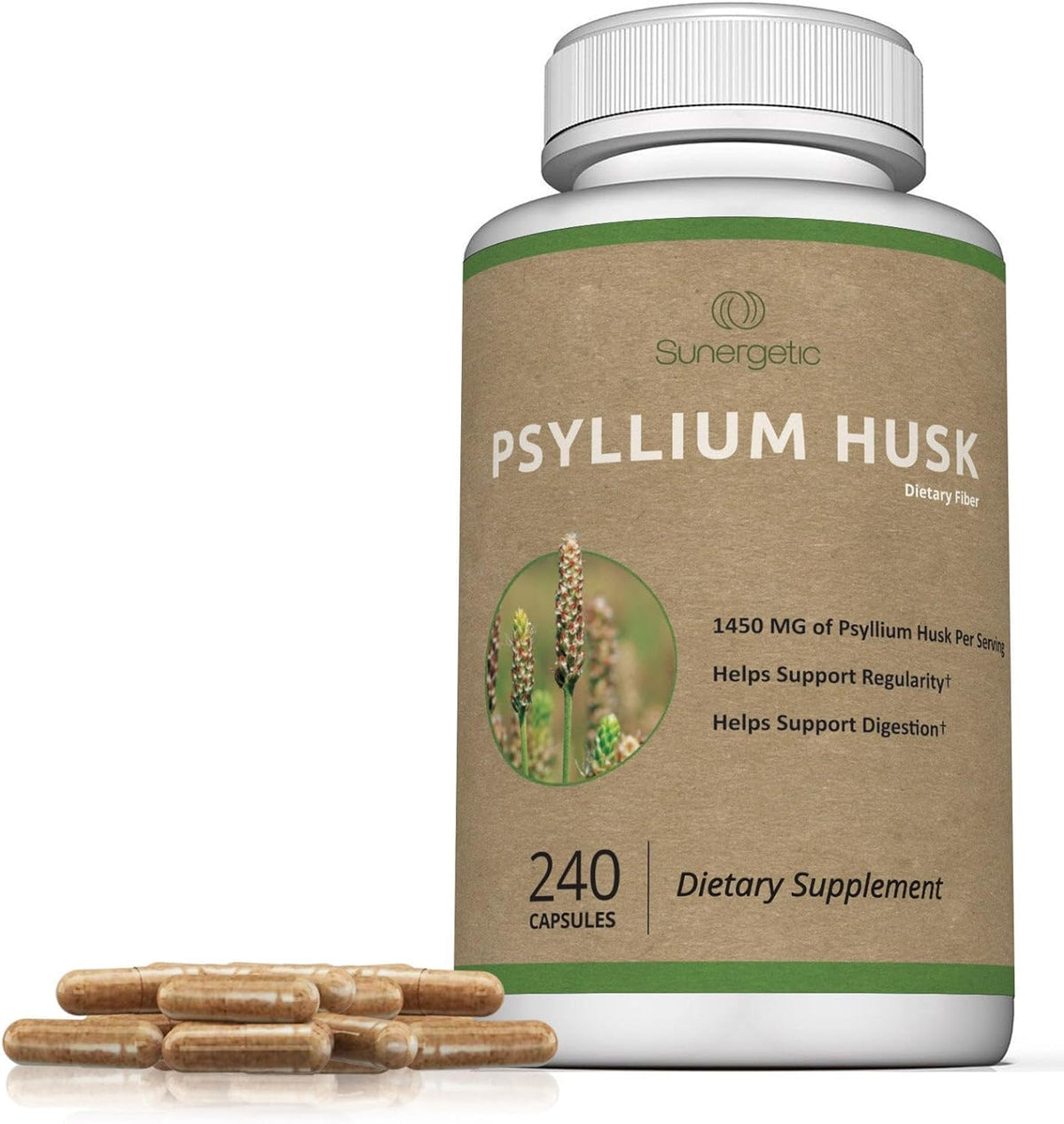 Close up of Sunergetic dietary supplement bottle branding and count