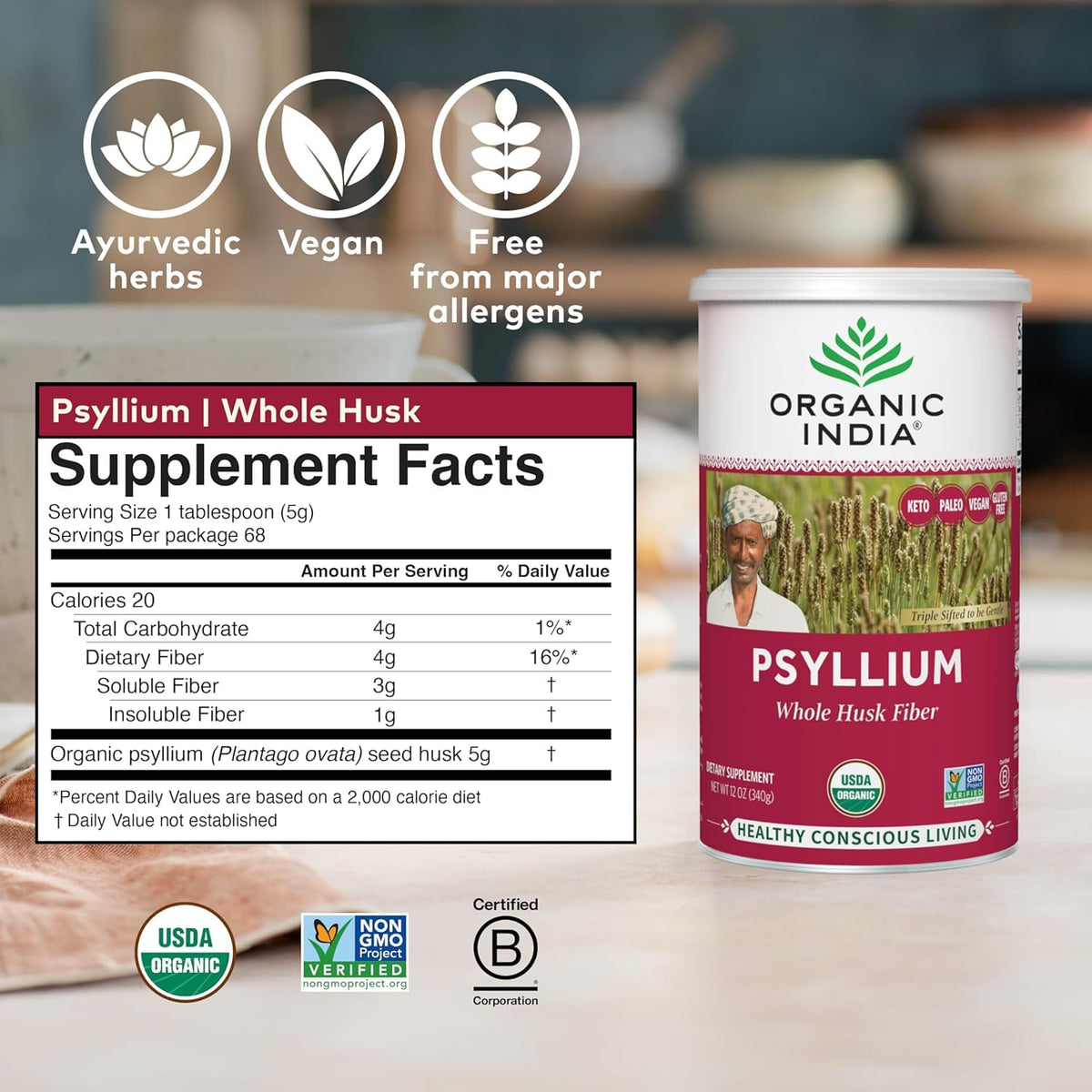 Organic India Psyllium Husk 12 Ounce canister side view