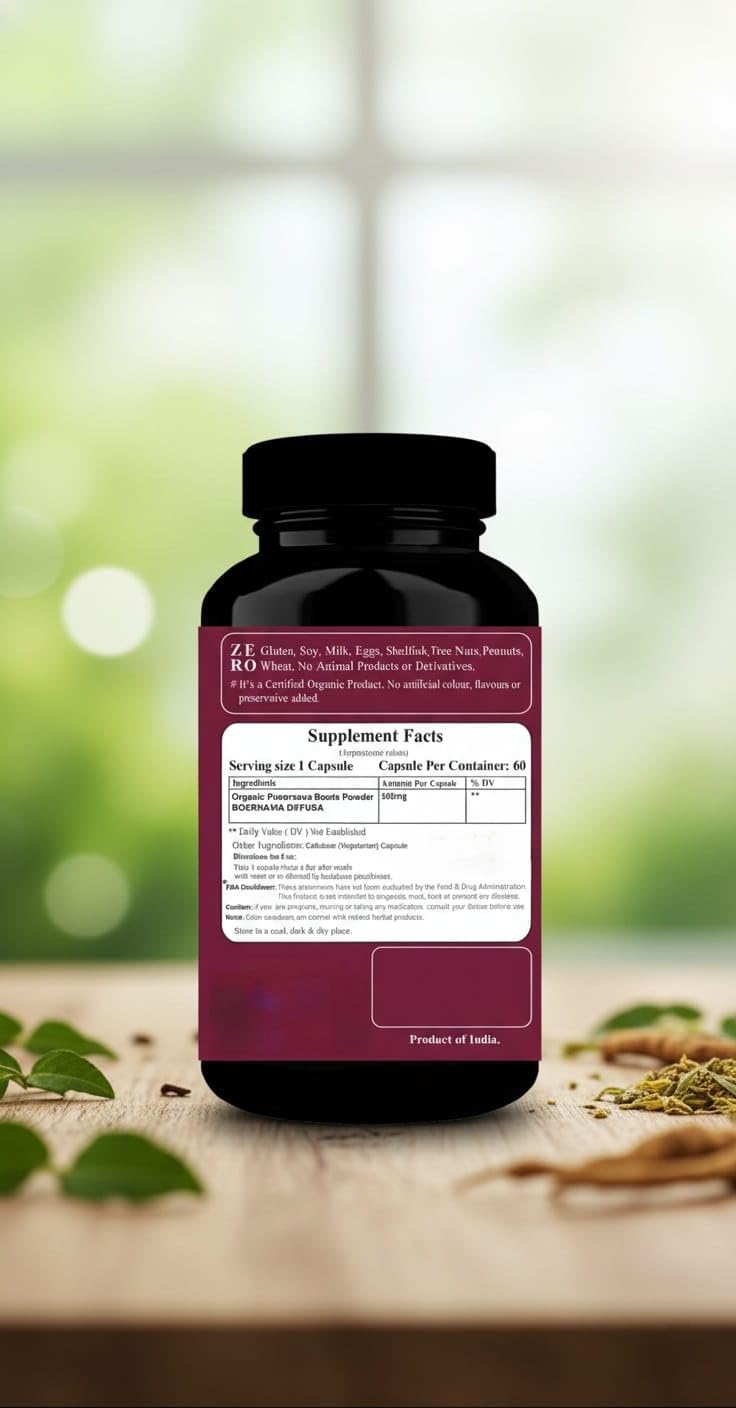 Dr. JPG Organic Boerhavia Diffusa 60 vegetarian capsules bottle side view.