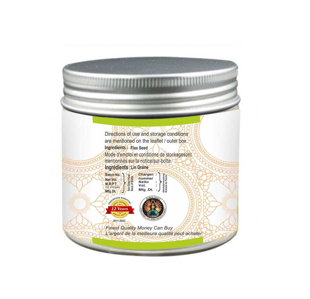 Therapeutic grade pure flaxseed powder label and ingredient details