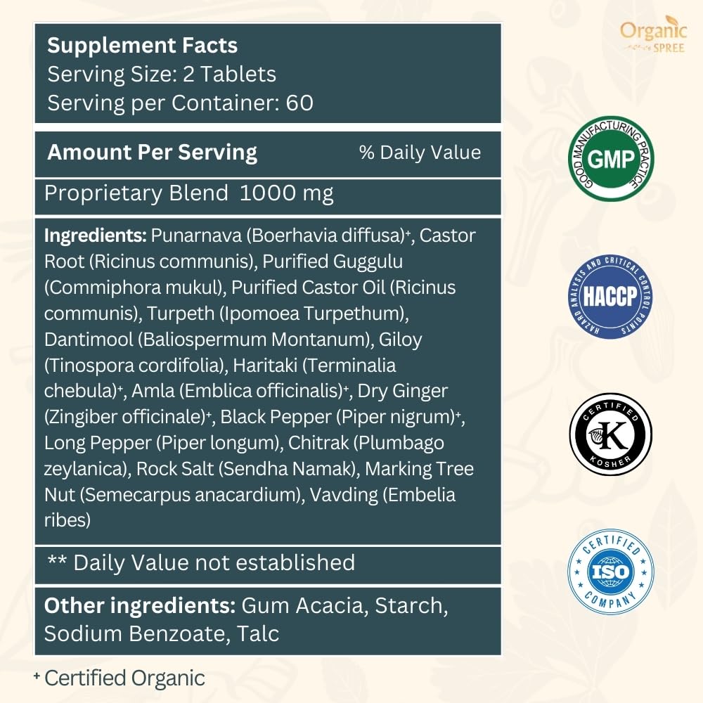 Organic Spree Punarnavadi Guggulu herbal kidney care supplement bottle packaging emphasizing traditional fluid balance properties