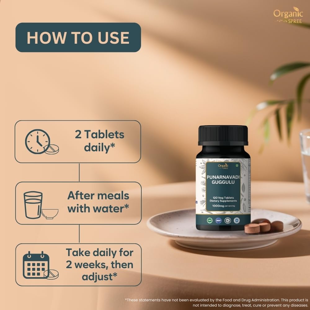 Organic Spree Punarnavadi Guggulu premium Ayurvedic formula full packaging view displaying clean ingredient safety information