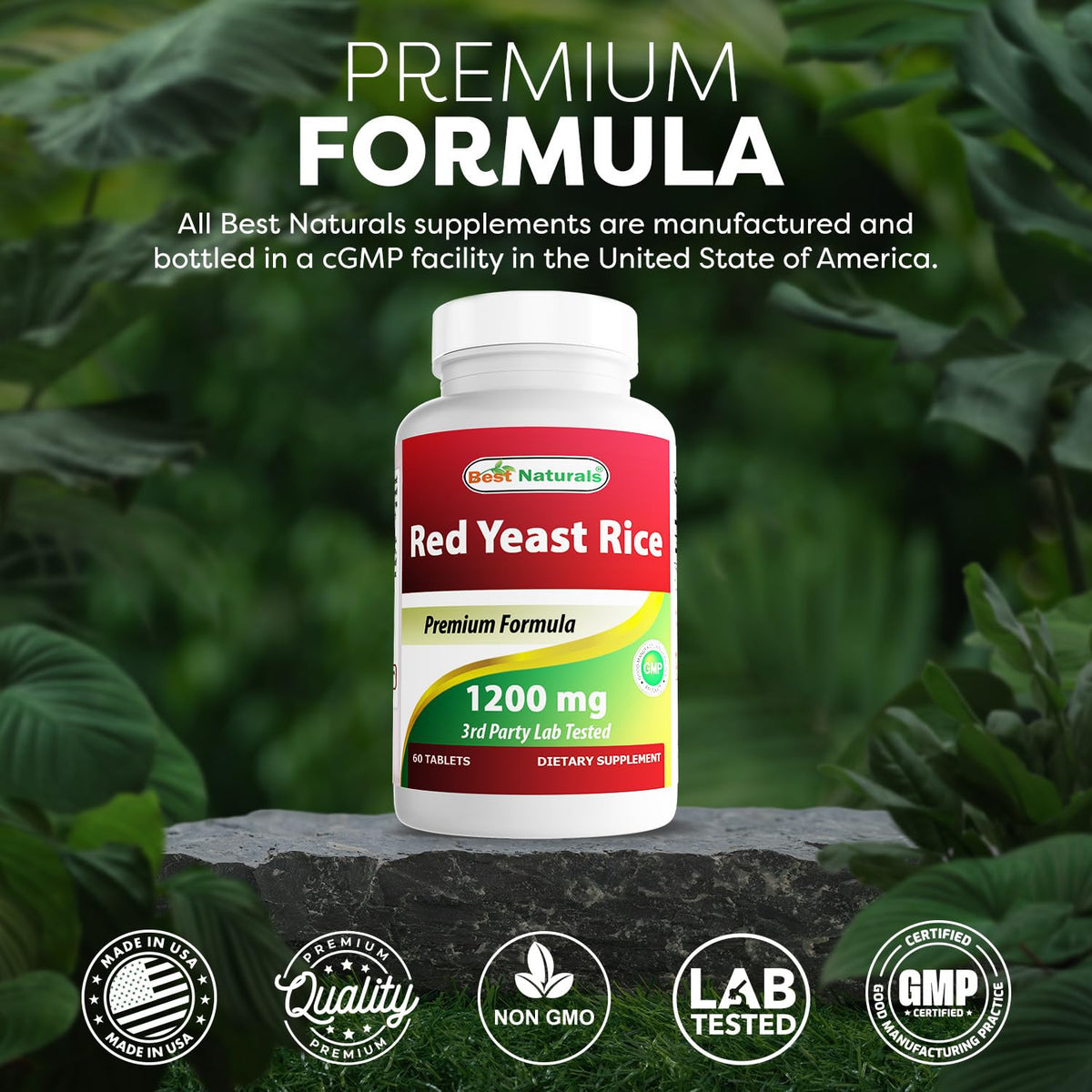 Close up of the non-GMO and gluten free seals on Best Naturals Red Yeast Rice bottle