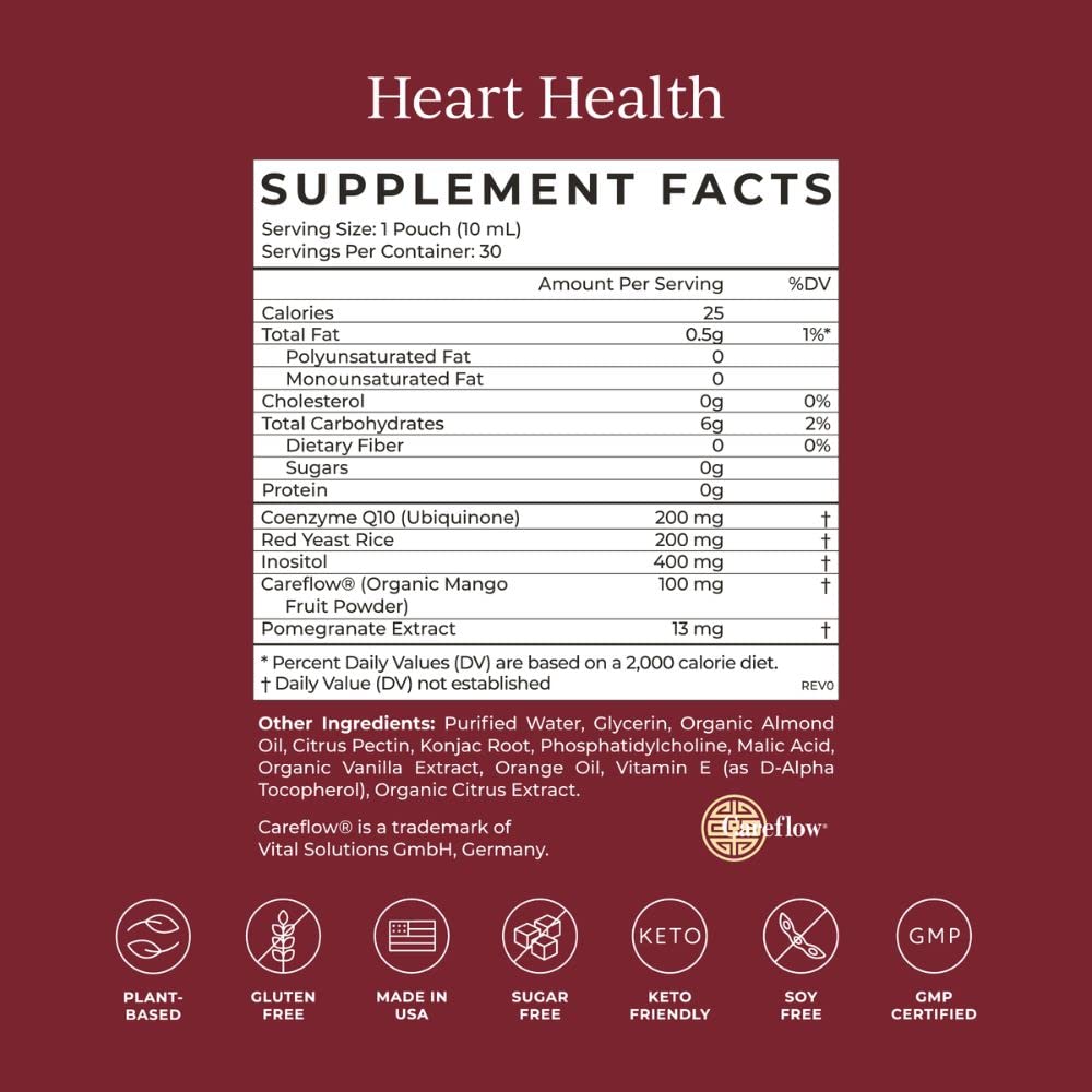 Side view of Cymbiotika Heart Health box displaying product benefits, plant-based formulation, and gluten-free certifications.
