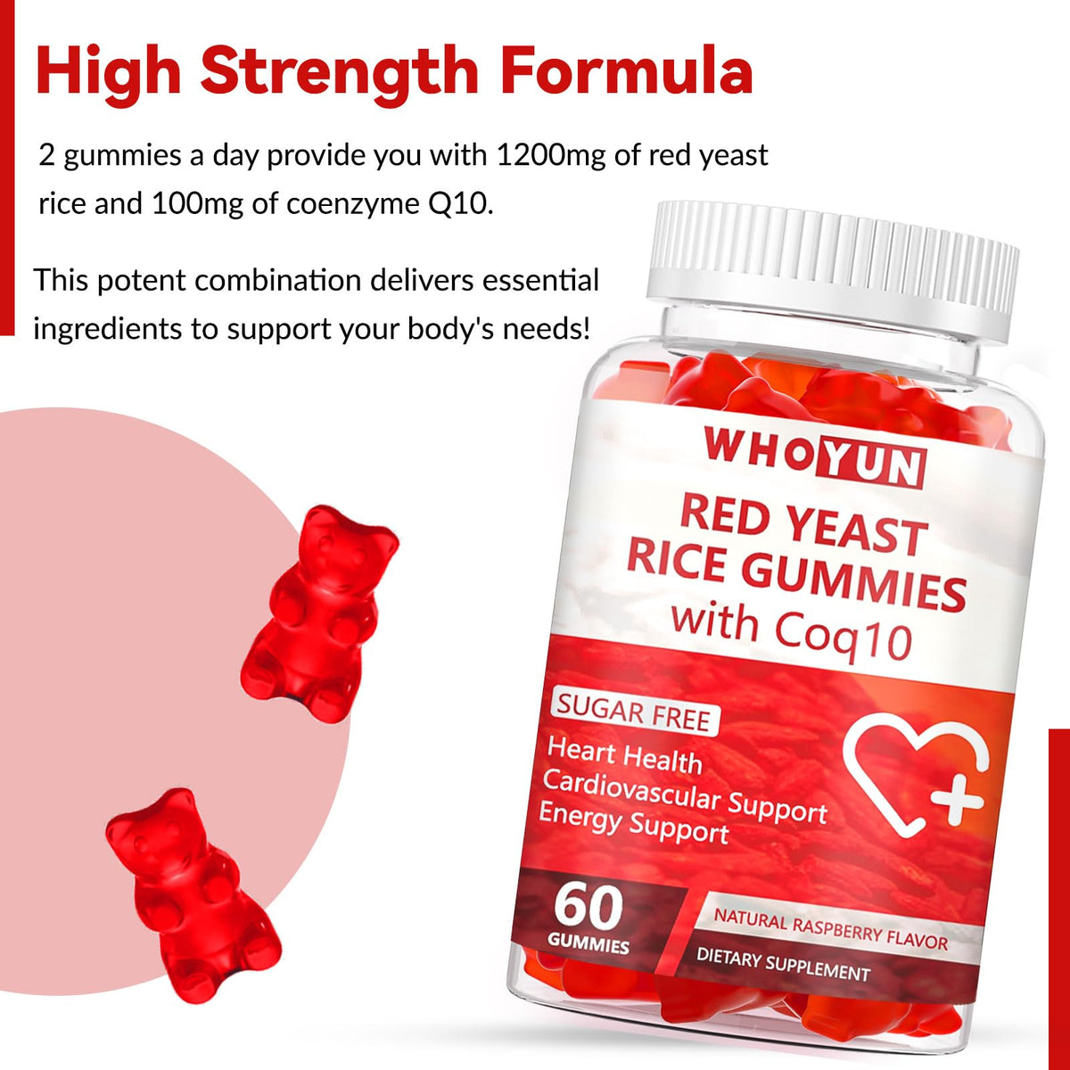 Whoyun Red Yeast Rice Gummies natural raspberry flavor texture