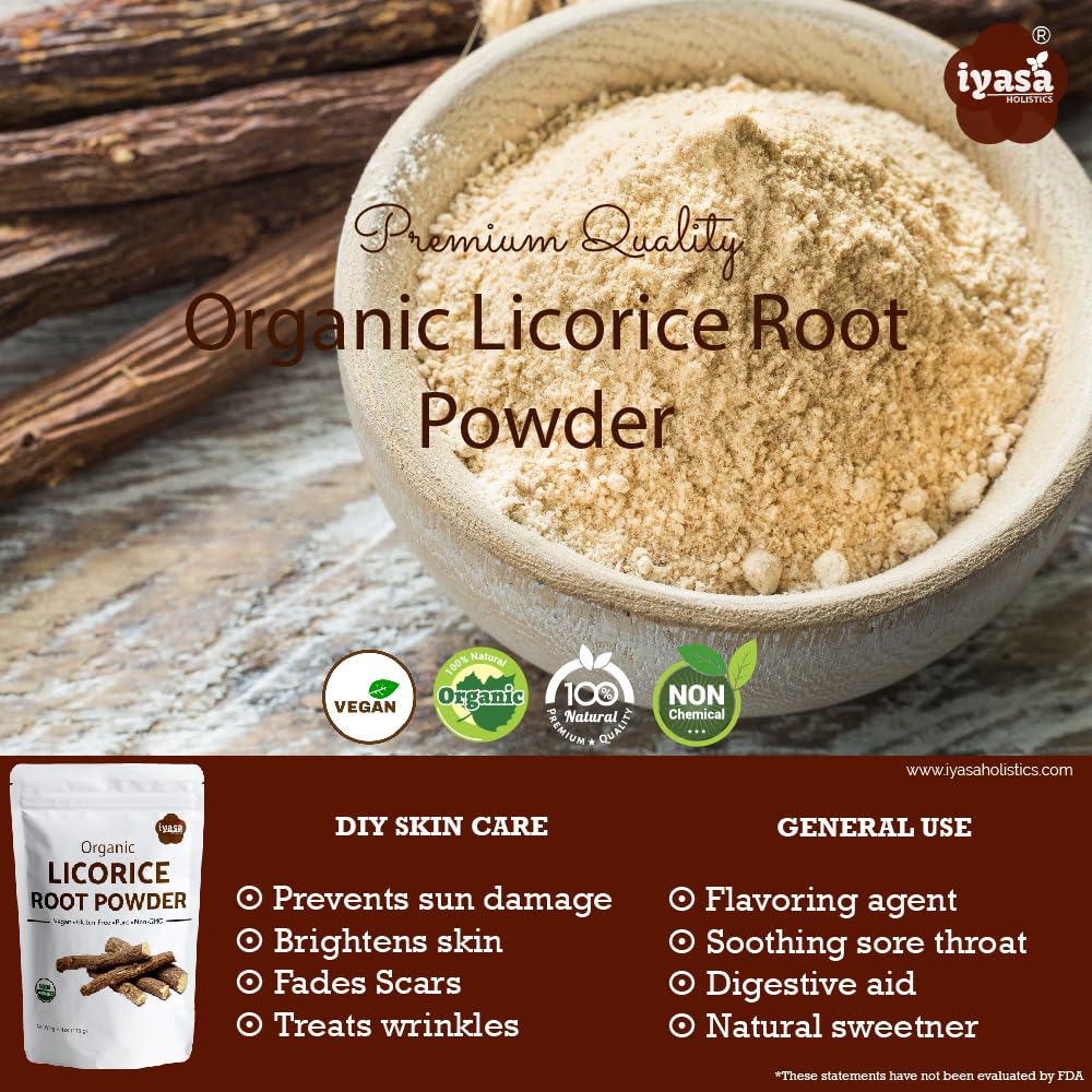 Back of Iyasa Holistics Licorice Root powder packaging with USDA organic seal
