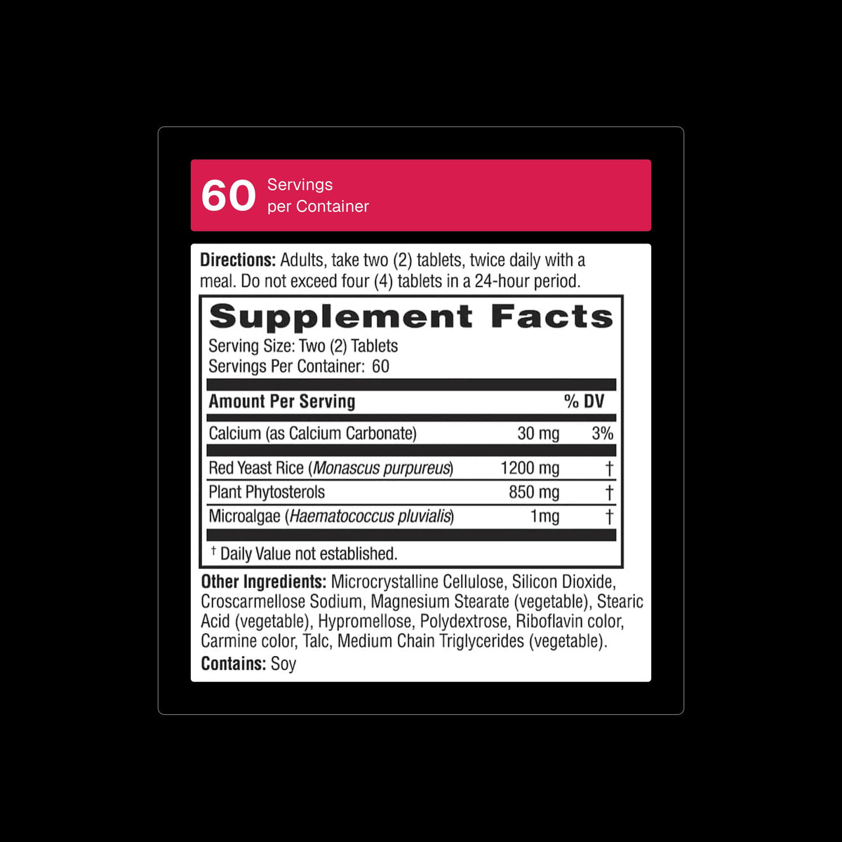 Weider Red Yeast Rice Plus supplement facts panel showcasing ingredients and dosage details