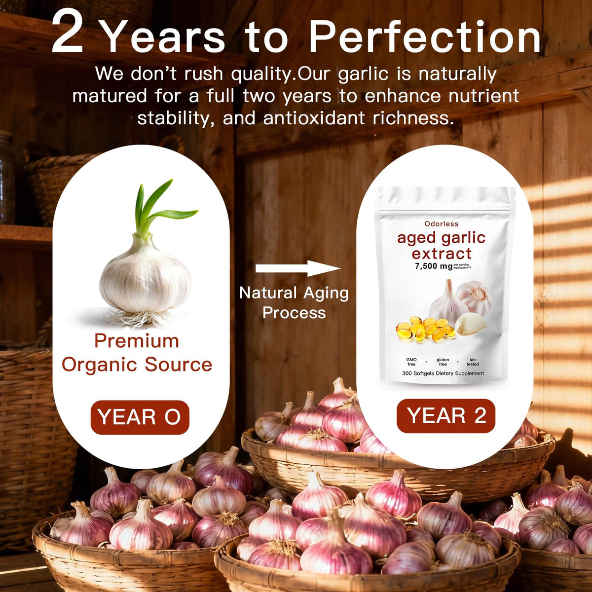EOQIFJM odorless organic garlic capsules showing supplement facts panel and clean ingredients list