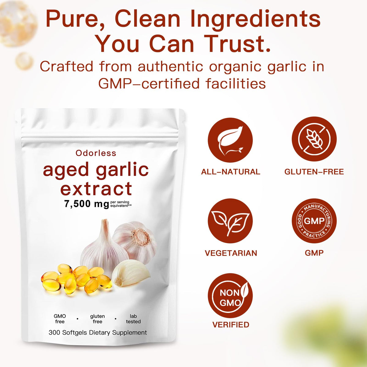 High potency 15:1 concentration garlic bulb extract softgels showing odorless formula features