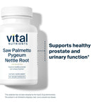 Authentic USA imported Vital Nutrients Saw Palmetto Pygeum bottle showcasing hypoallergenic vegan certification.