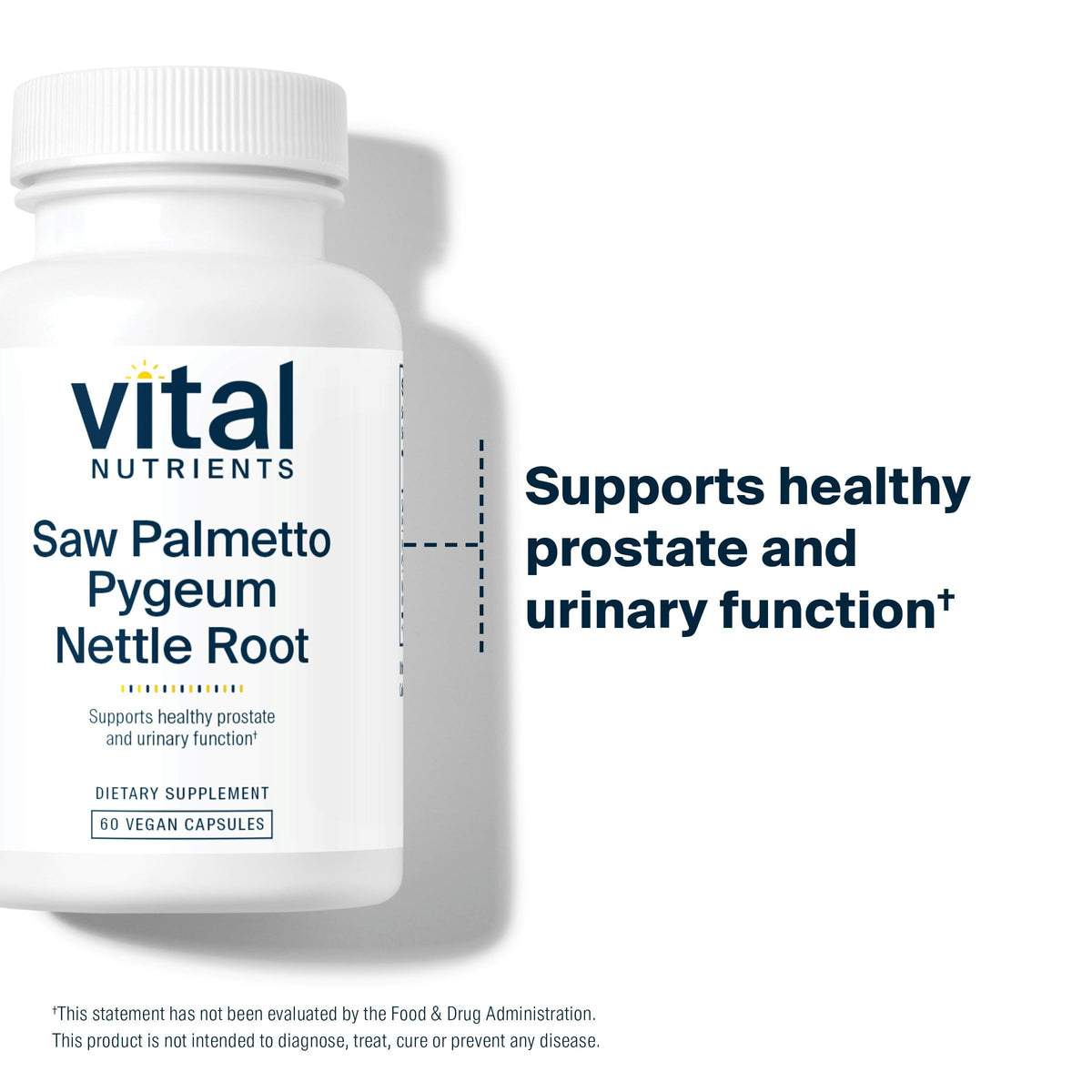 Authentic USA imported Vital Nutrients Saw Palmetto Pygeum bottle showcasing hypoallergenic vegan certification.