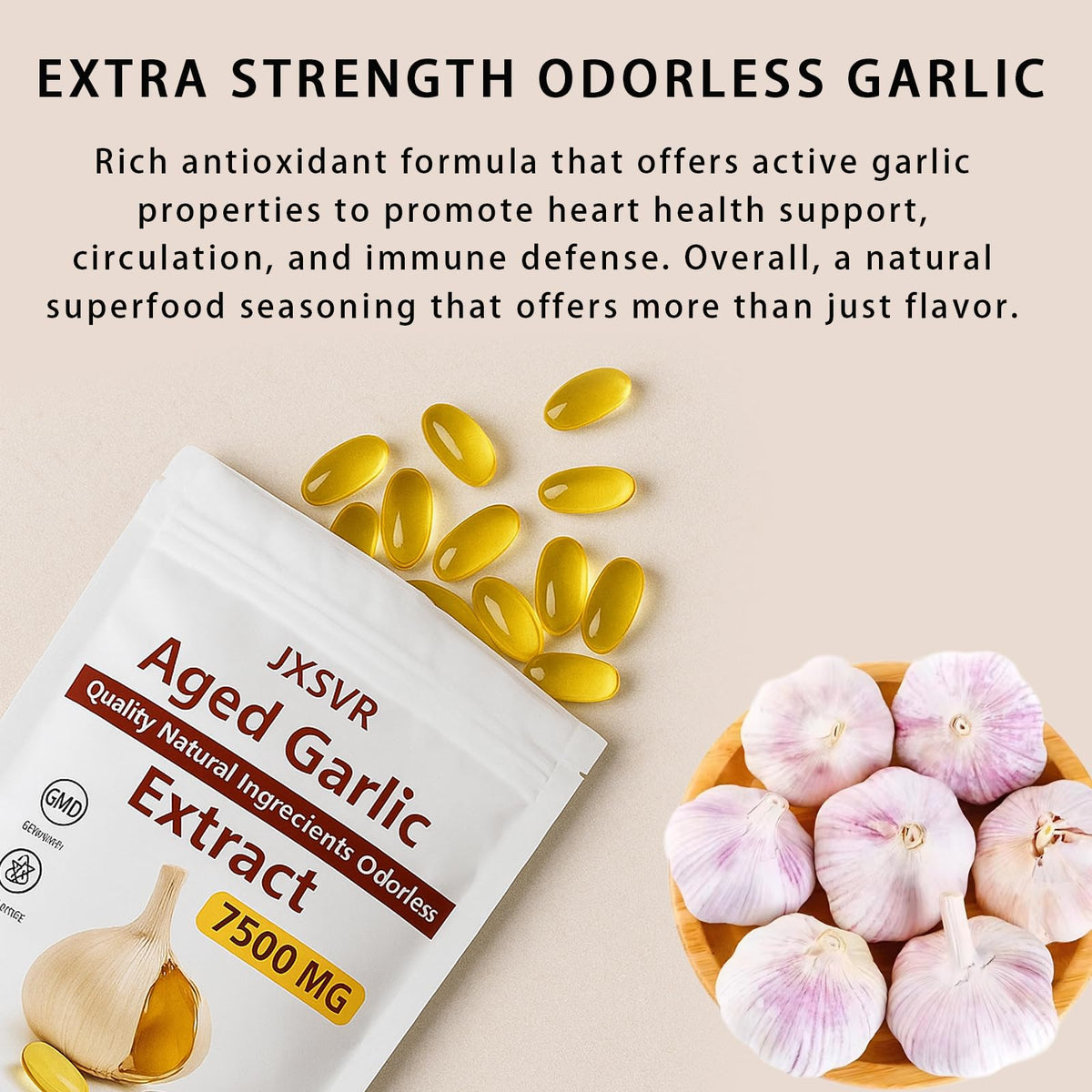 Side view of the JXSVR 300 softgels packaging highlighting the heart and immune antioxidant benefits.