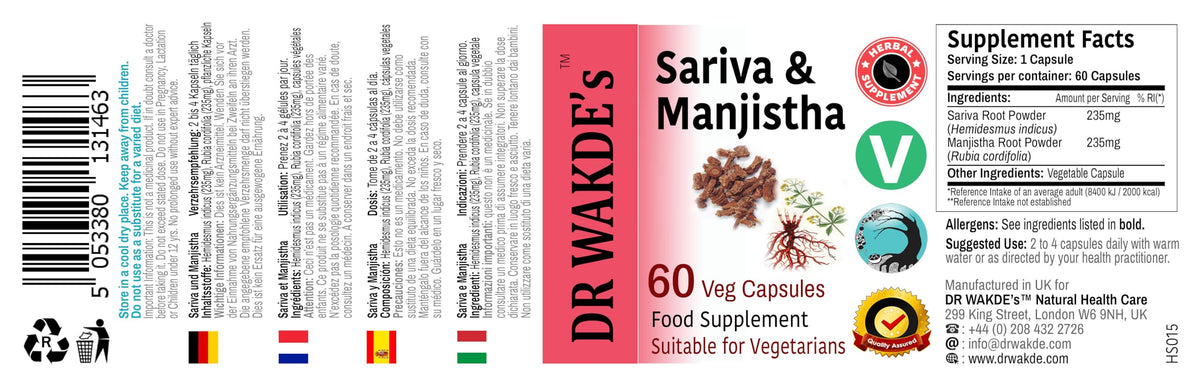 Back label of Dr Wakde's Sariva and Manjistha veg capsules with ingredients