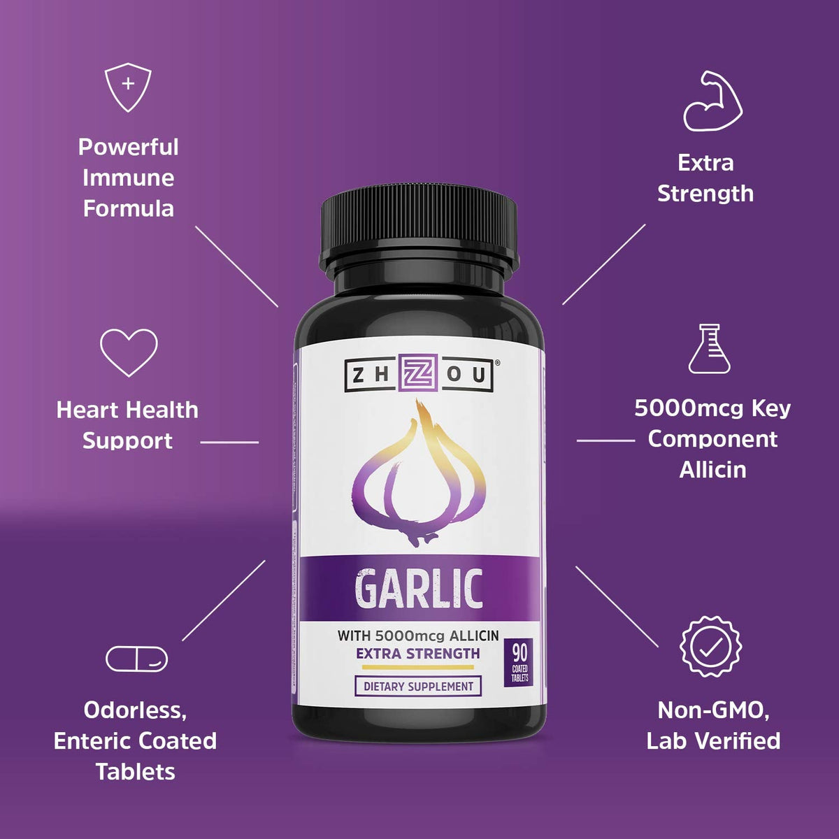 Authentic USA imported premium garlic wellness formula displaying ninety tablets count.