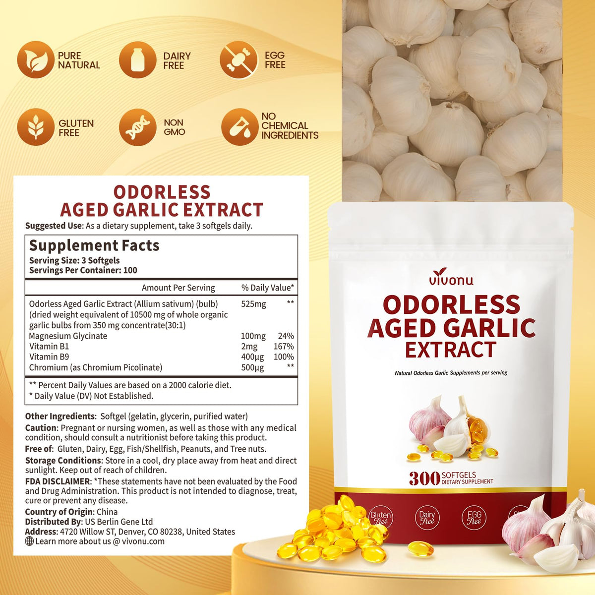Authentic VivoNu aged garlic extract imported from USA product packaging layout