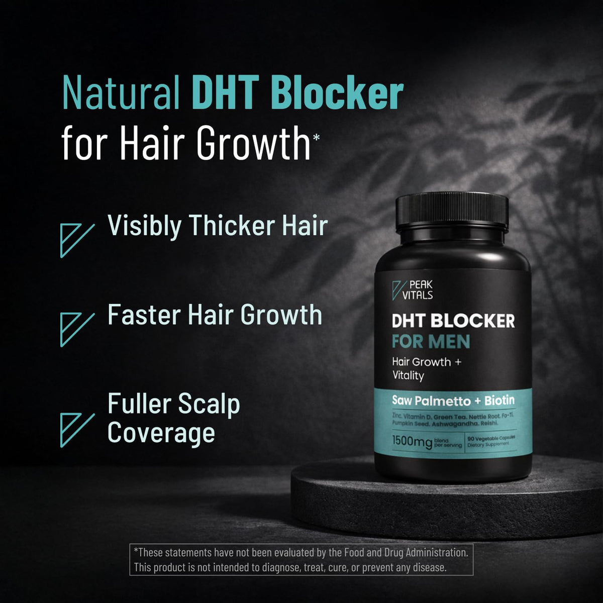 Premium imported hair growth vitamins for men displaying the 1500mg botanical blend properties.