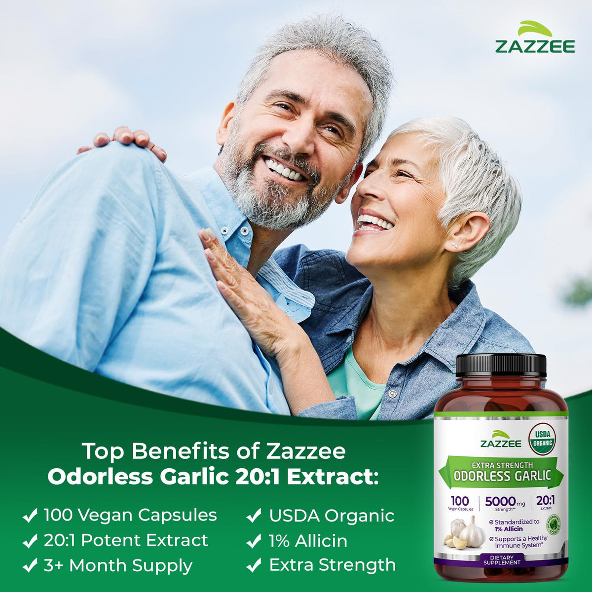 Authentic USA imported Zazzee garlic pills back label showing ingredients list and 1 percent allicin content.