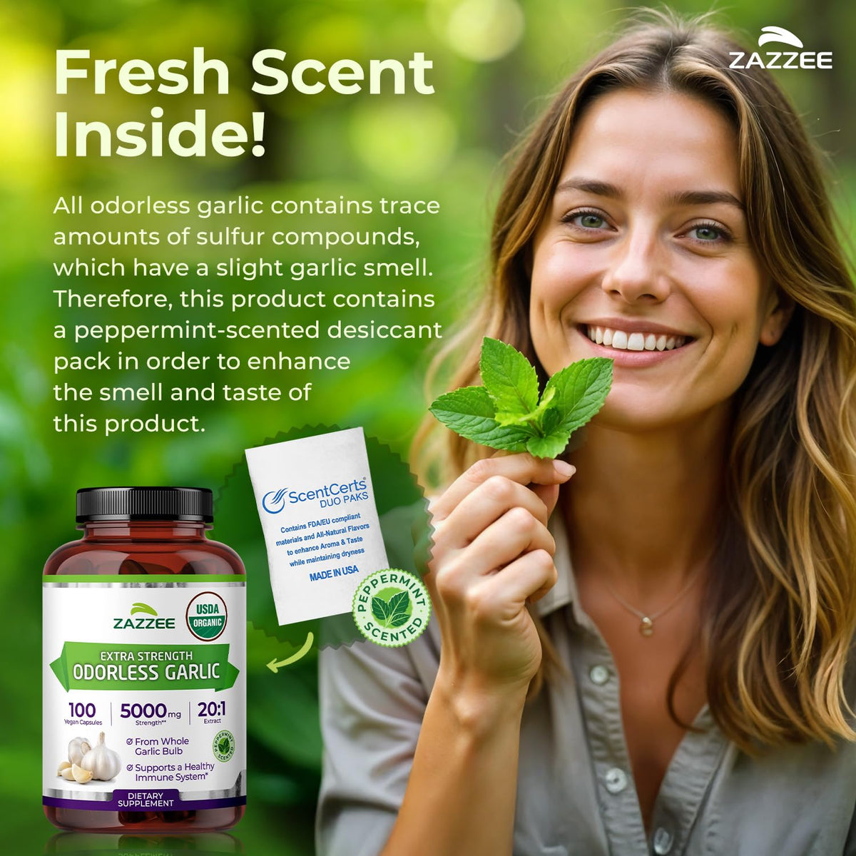 Premium vegetarian garlic dietary supplement bottle for immune defense and circulatory health.